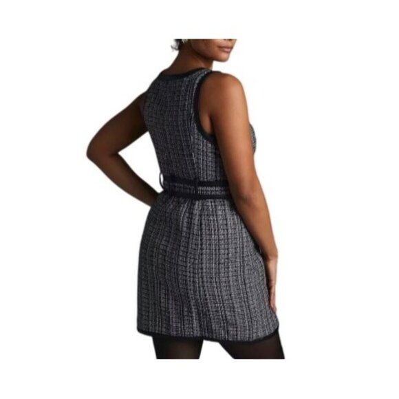 Maeve By Anthropologie Tweed Belted Mini Dress Size 12 Black & White Sleeveless - Picture 2 of 11